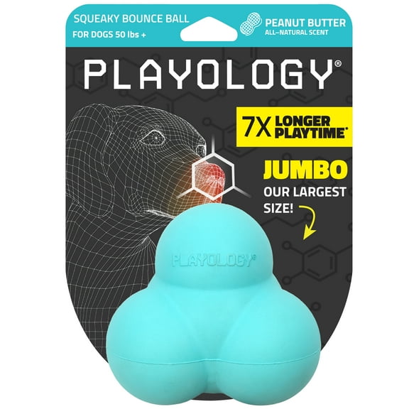 Playology Dog Toys | Squeaky Bounce Ball, Peanut Butter Scented Chew Toy - Medium