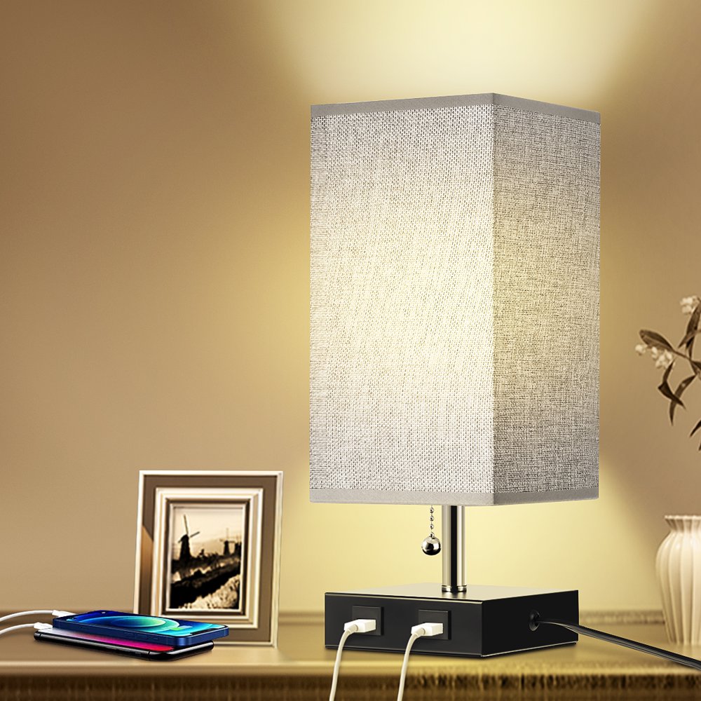 Bedside Table Lamp, Table Lamp with 2 USB Charging Ports 2 AC Outlet