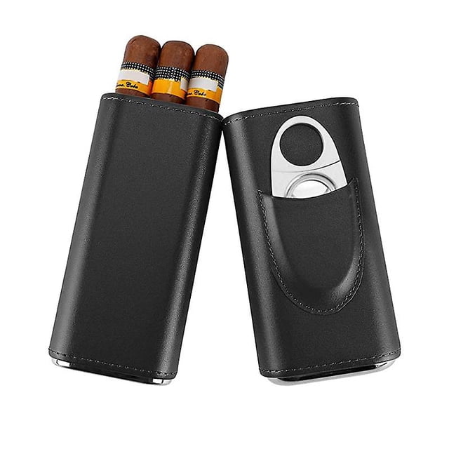 Three-finger Portable Cigar Humidor Brown And Black Two Choices Cowhide Material Leather Case With Silver Cigar Cutter