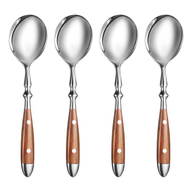Juego de 4 Cucharas de Sopa, Cucharas de Acero Inoxidable con Cómodo de Baquelita, Cucharas Redondas de Metal Pesado