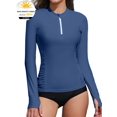 thumbnail image 1 of Charmo Women's Zipper Rash Guard Long Sleeve Side Ruched Swim Shirt Sun Protection Swimsuit Tops, 1 of 7