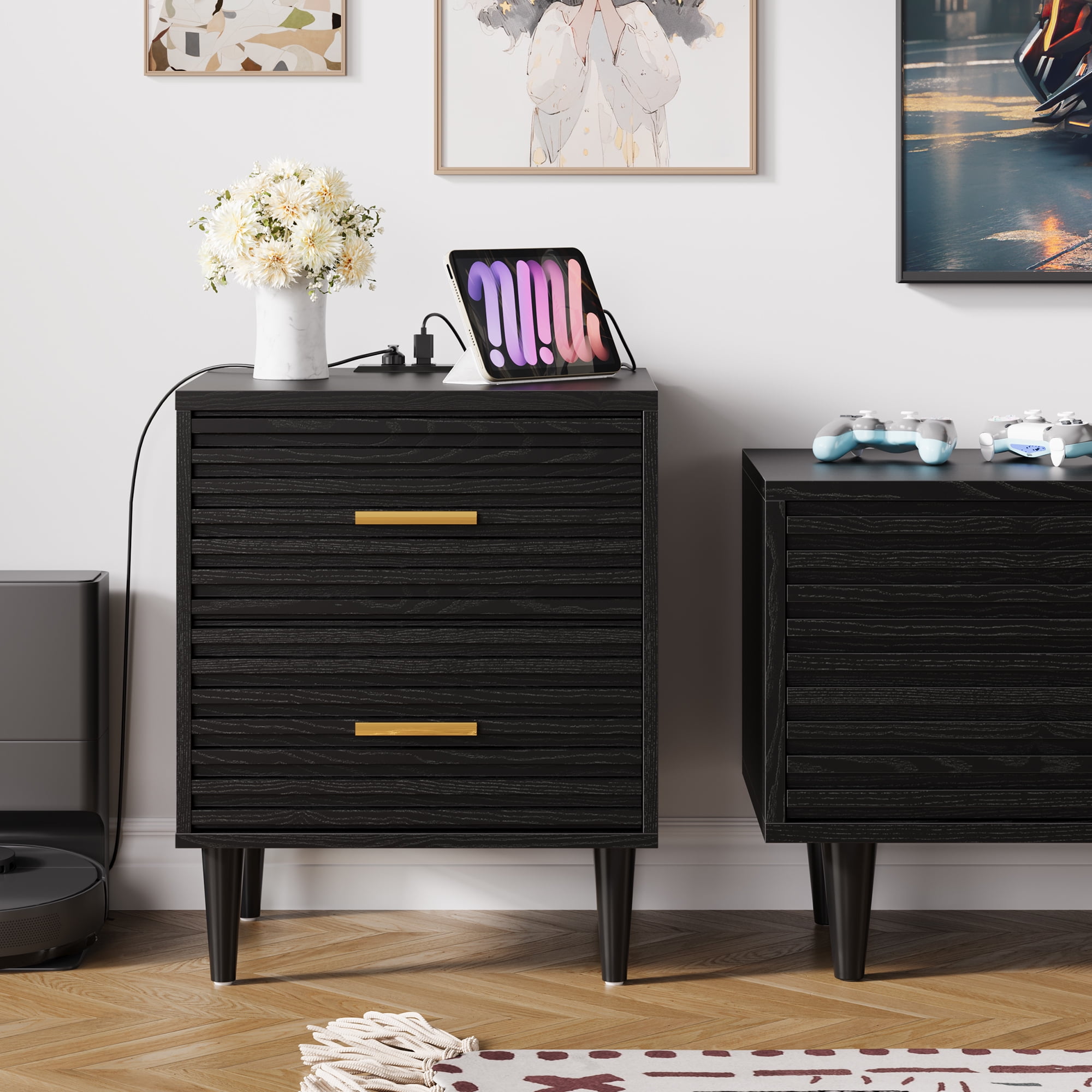 Black Nightstand with Charging Station, Floating Nightstand with 並行輸入品 Modern Nightstand with Charging Station Black | Sikaic
