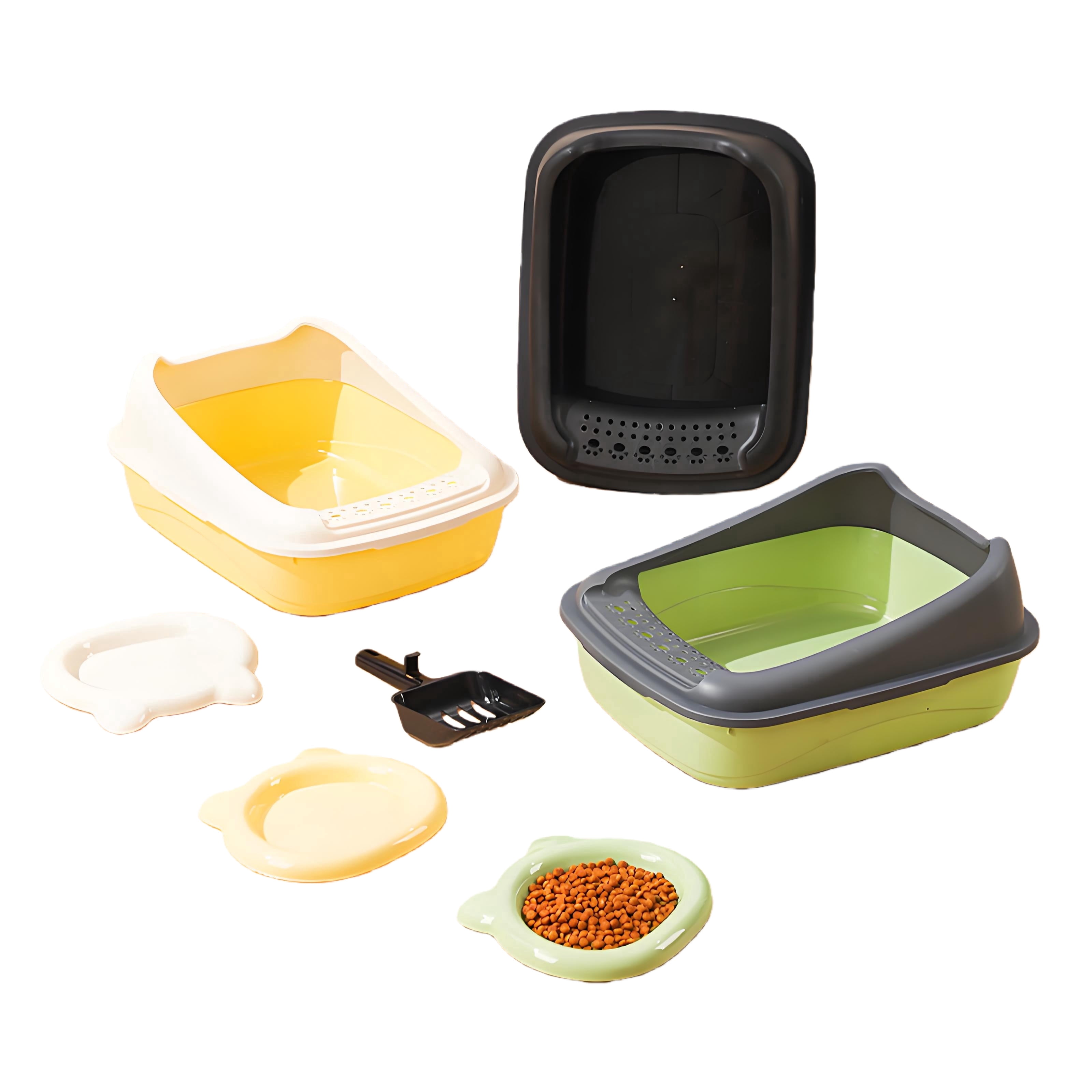COMIART PP Material Semi - Enclosed Large Cat Litter Box Anti - Splash Cat Toilet Pet Supplies (Cream + Cream Yellow,Large Cat Litter Box)