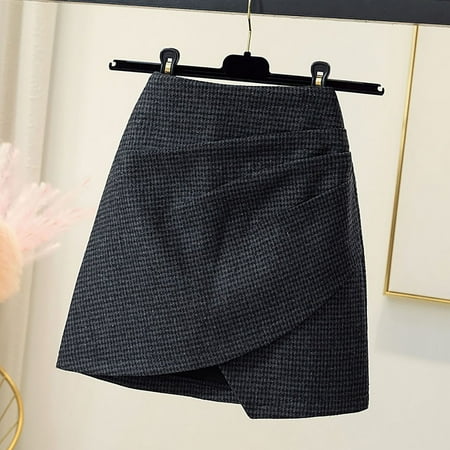 IDALL Mini Skirt Summer Skirts 2023 Woolen Short Skirt Houndstooth Bag Hip Skirt Autumn And Winter Waist Thin All Irregular A Line Skirt High Waisted Skirts Skirts for Women Pencil Skirt Black Dress M