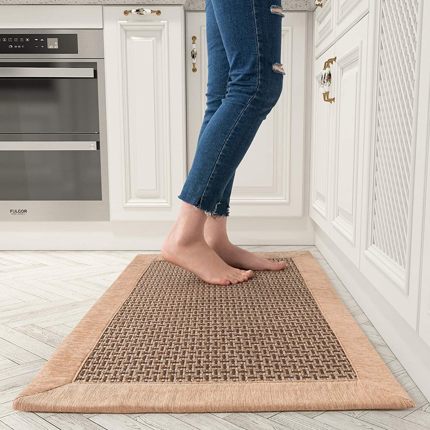 Grey Checked Flatweave Kitchen Rugs AND Runners Anti slip back in various sizes