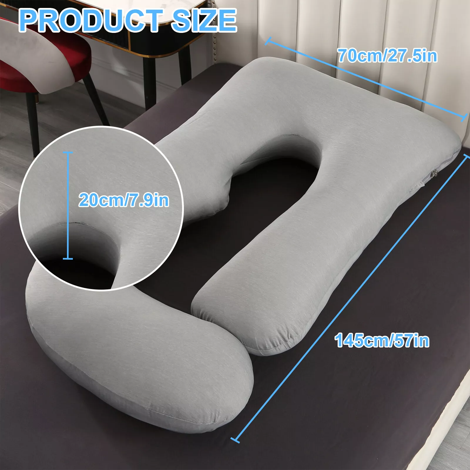 Topchances Pregnancy Pillow with Cooling Fabric Pillowcase, Extra Large Maternity Belly Contoured J-Shape Body Pillow, 57x27.5 inch, Grey