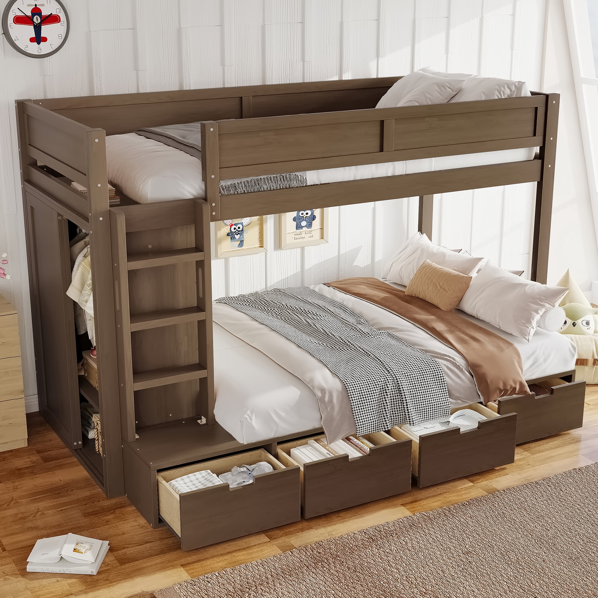 Mintazer Twin over Twin Bunk Bed with Wardrobe, Kids Bunk Bed with 4 Storage Drawers & Ladder for Bedroom, Brown