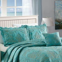 Home Soft Things 4-Piece Reversible Damask Embroidery Bedspread Set, Teal, Queen 90"x90"