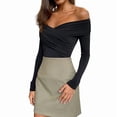 thumbnail image 2 of Women Off the Shoulder Long Sleeve Bodysuit One Lined Thong Bodysuit Black S, 2 of 9