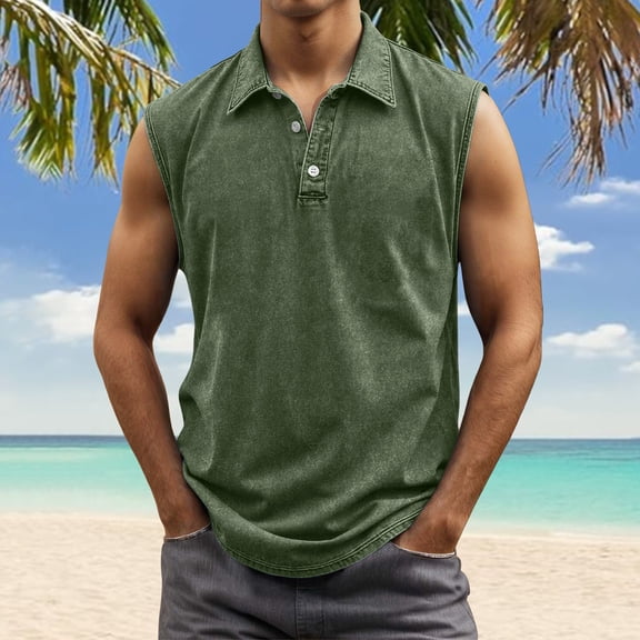 BUWTTED Tank Tops Men Big Tall Sleeveless Muscle Gym Workout Running Beach Summer Vintage Button Up Tee Vest Green Shirt L