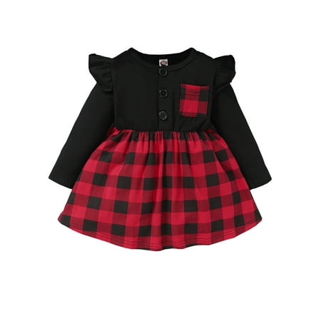 

LAPAKIDS Newborn Girl Clothes Infant Girl Dress Outfits Plaid Print Long Sleeve Dresses 9-12 Months