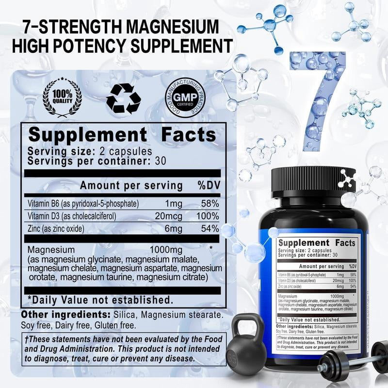 Magnesium 7-Complex 1000mg, High Absorption 7-in-1 Magnesium Supplement, Supports Muscle & Nerve Function, Bone & Heart Health, 60 Vegetarian Capsules