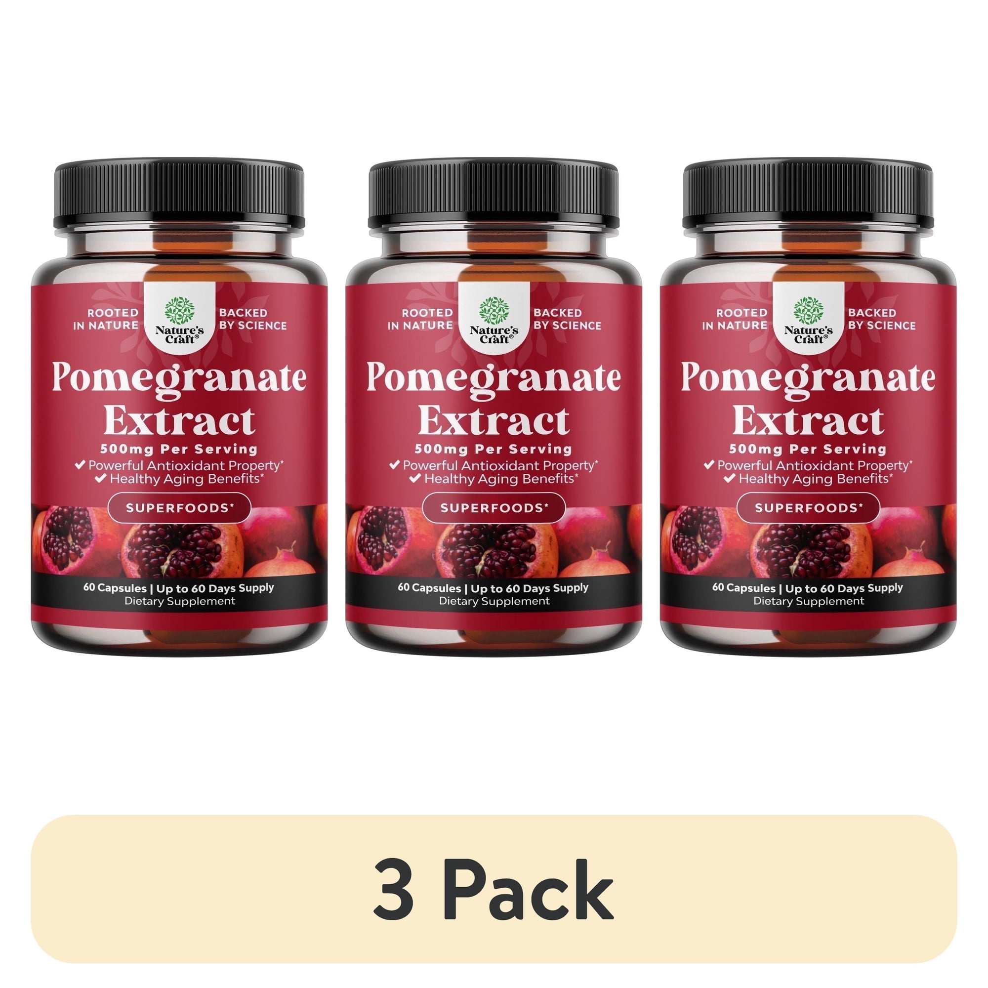 (3 pack) Natures Craft 500mg Pomegranate Extract Antioxidant Supplement for Heart and Joints, 60 Capsules