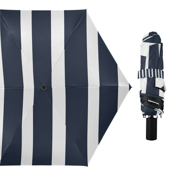 Compact Sun Umbrella Windproof Travel Umbrellas for Rain Strong Portable UV Protection Navy Blue and White Striped