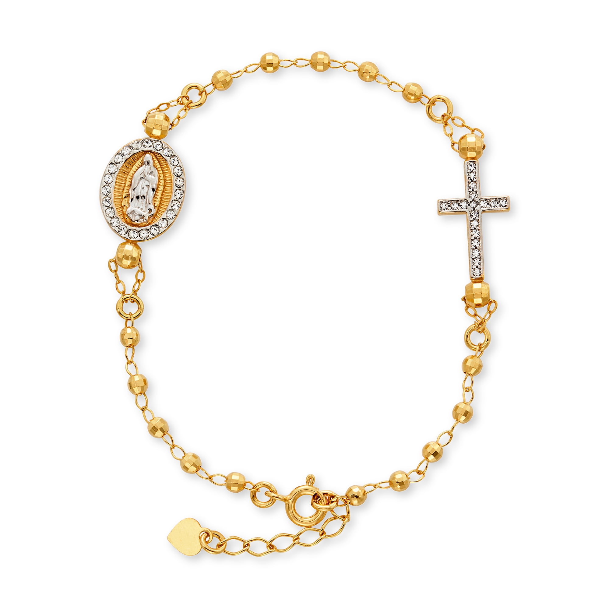 14K Gold Plated Sterling Silver Crystal Rosary Two-Toned Bracelet 7.5"+1"