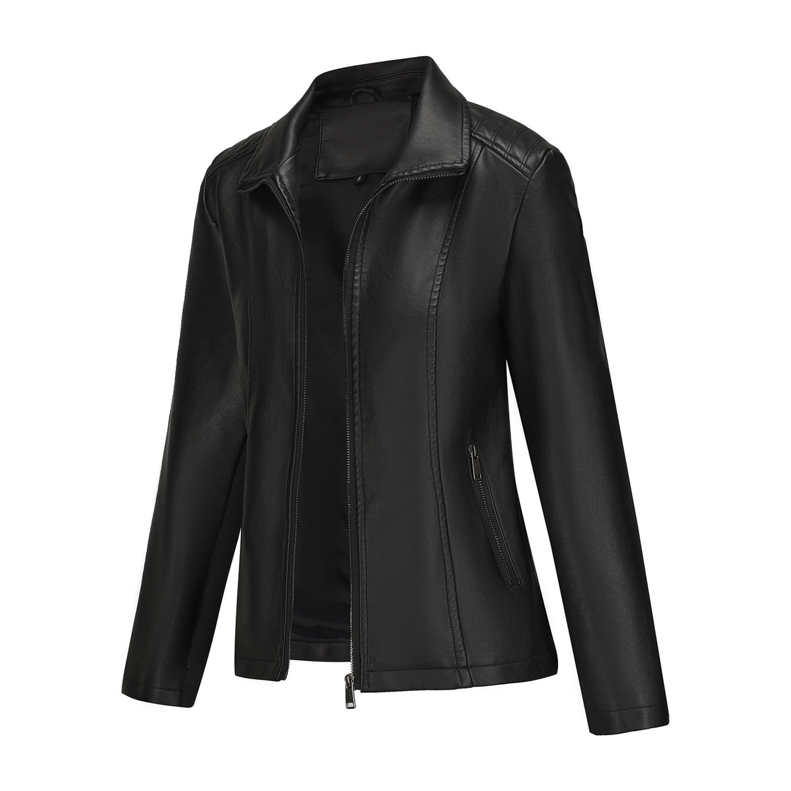 WTOBBY Women's Faux Leather Moto Jacket Short Coat Biker Style Casual Outerwear Solid Color Zippered Front with Stand Collar Edgy Street Look for Night Out,Black M