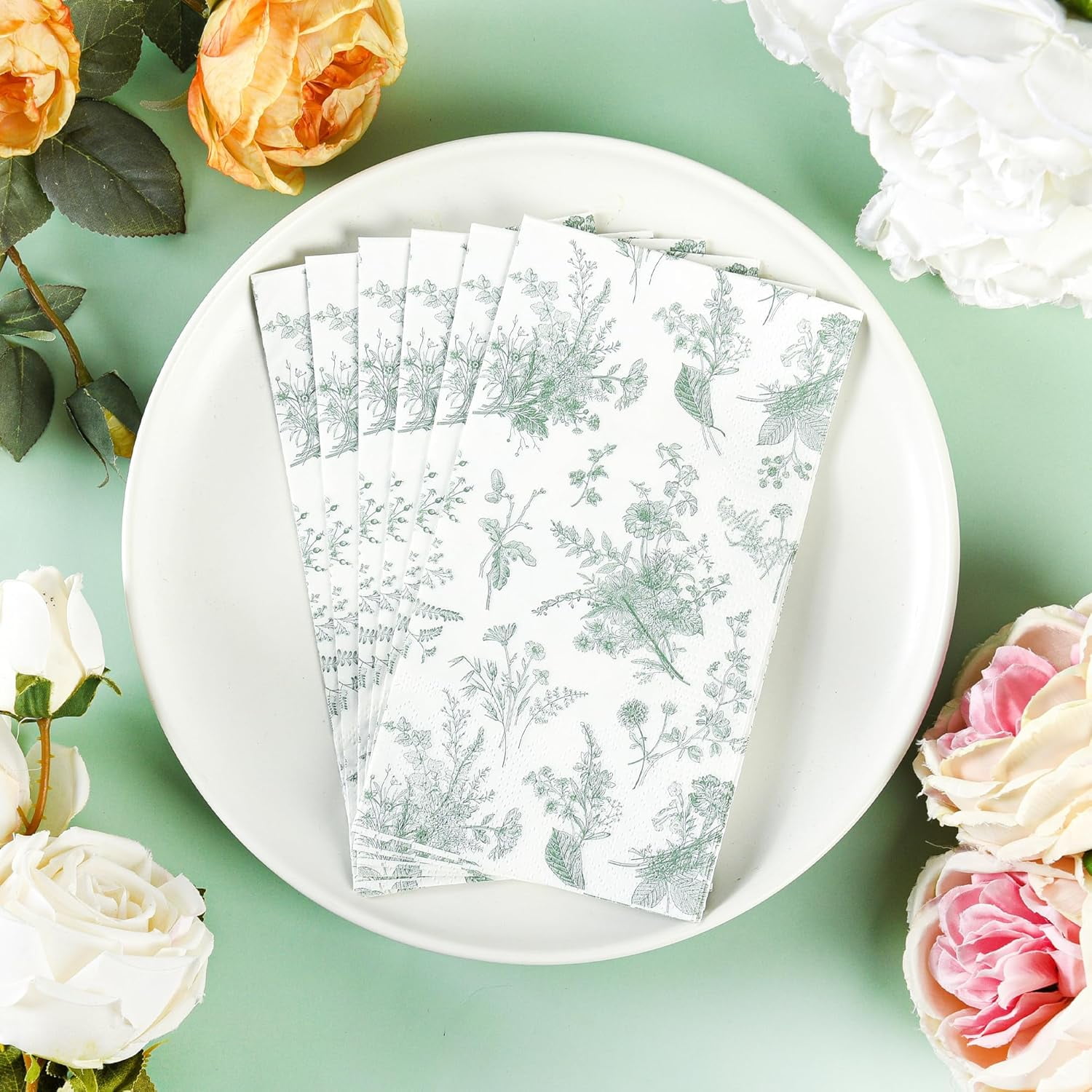 100 Floral Guest Napkins Sage Green White Toile Disposable Paper Napkins Flower Bathroom Hand Towels for Tea Party Christmas Bridal Baby Shower Party Supplies