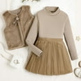 thumbnail image 2 of Ulanda Girl's 2 Piece Outfit Fall Clothes Rib T Shirt Leather Pleated Skirts with Fuzzy Vest (Khaki, 9-10 Years), 2 of 7