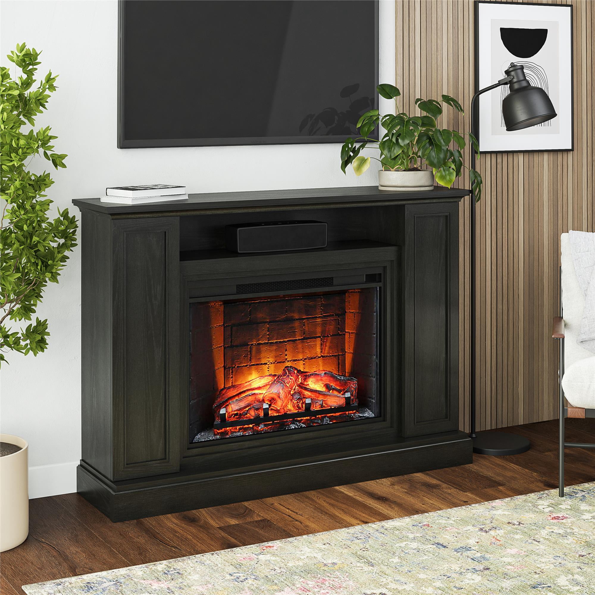 Ameriwood Home Palazzo Multi-Colored Electric Fireplace Mantel TV Stand with Storage for TVs up to 65", Black Oak
