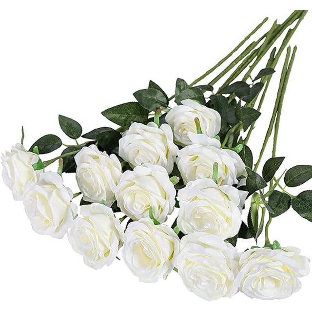 Xiao Hua 12 ramos de flores artificiales de seda, rosas realistas con tallos largos para decoración del hogar, boda o fiesta (blanco)