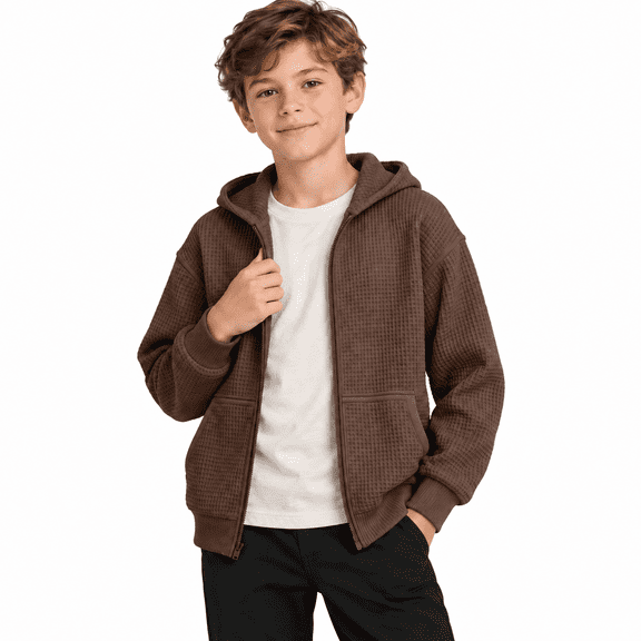 Brown Boys Waffle Knit Full Zip Hoodie Size 3-4 Years,Long Sleeve Sweatshirt with Pockets,Casual Athletic Tops for School Daily Wear Fall Winter Outfits