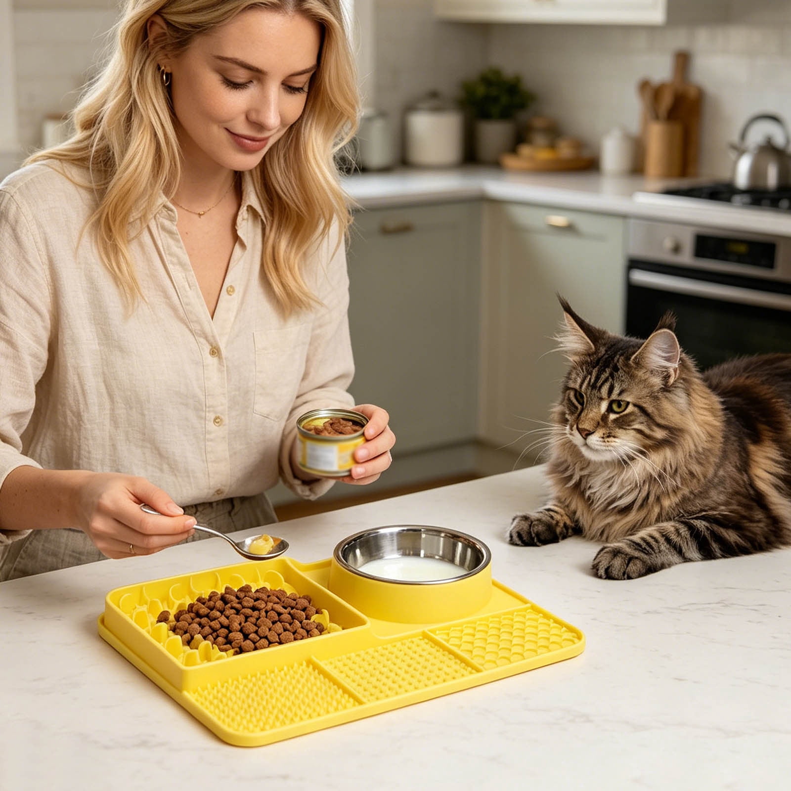 Licking Pad 5âInâ1 Silicone Slow Feeding Mat Suction Cup Antiâ Feeder Detachable Stainless Steel Bowl StressâRelief Set For Cats Dogs Puppies Daily Use 13.0 x 9.8 in Yellow