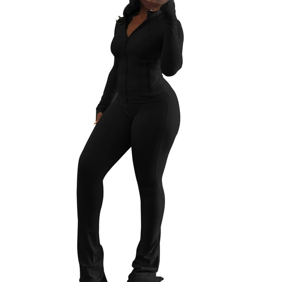 Moxiu Women's 2 Piece Zipper Hooded Set - Slim Fit Bootcut Pants Long Sleeve Sweatsuit Black,M