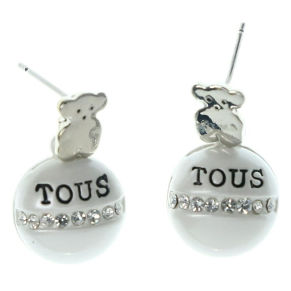 Silver-Tone Dangle Earrings Bear & Crystal Accented White Ball TME623