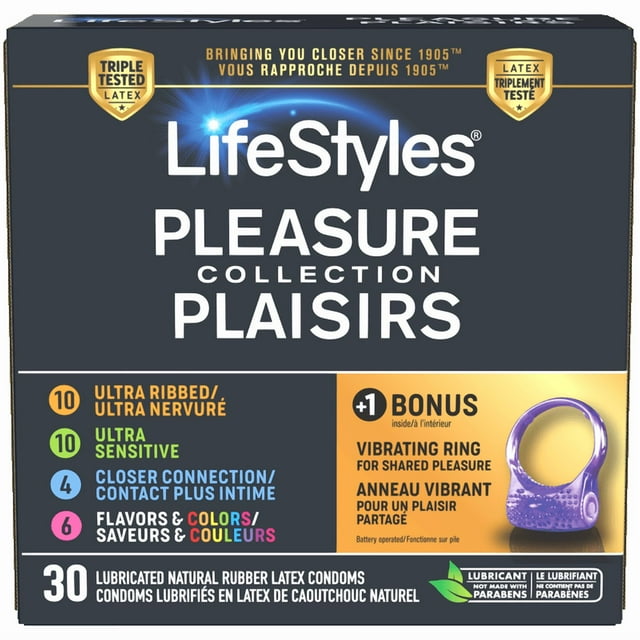 LifeStyles Pleasure Collection Condoms en Latex de Caoutchouc Naturel, 30 Unités, Assortiment, Comprend un Anneau Vibrant