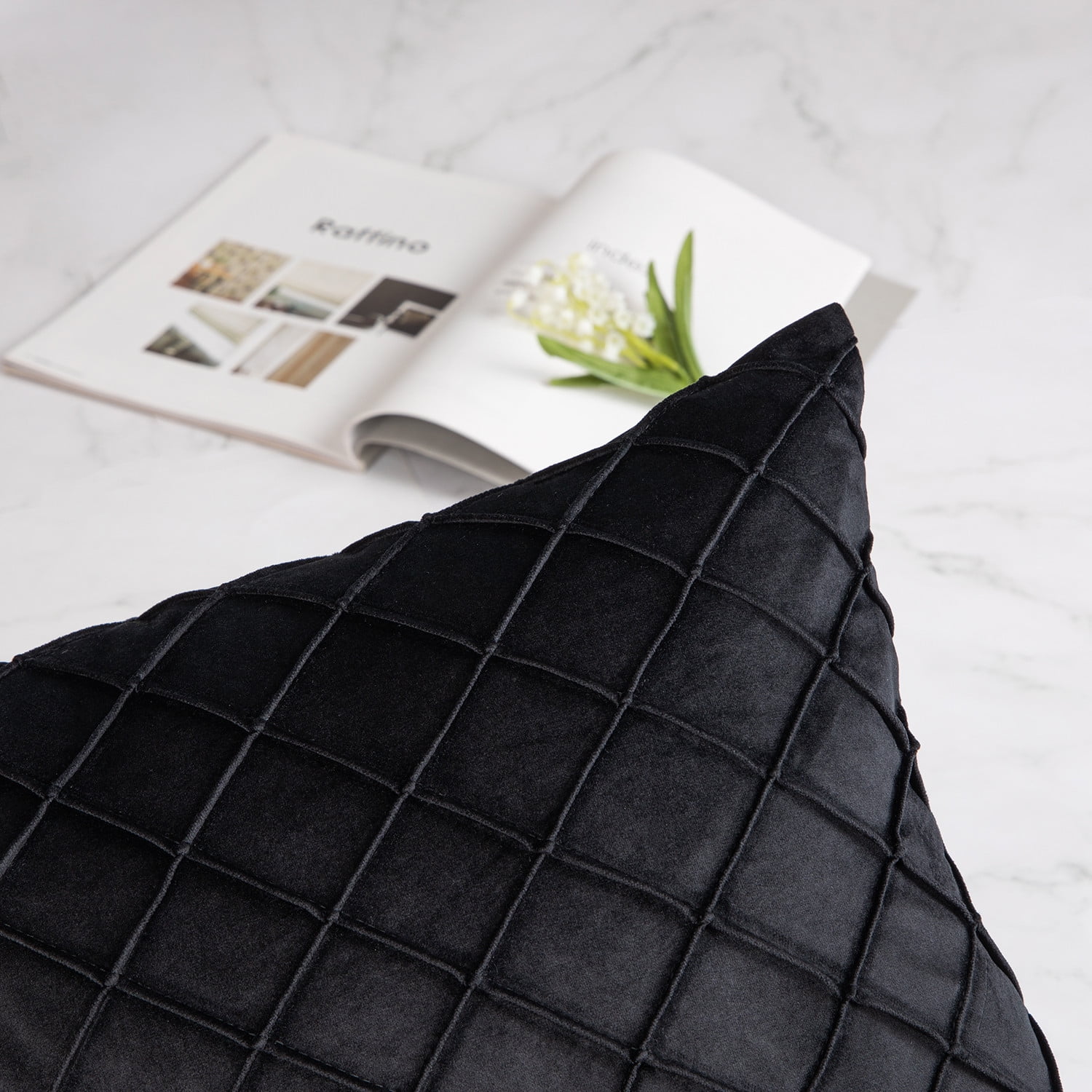 Phantoscope Soft Pleated Velvet Series Square Decorative Throw Pillow Cusion for Couch, 18" x 18", Black, 2 Pack