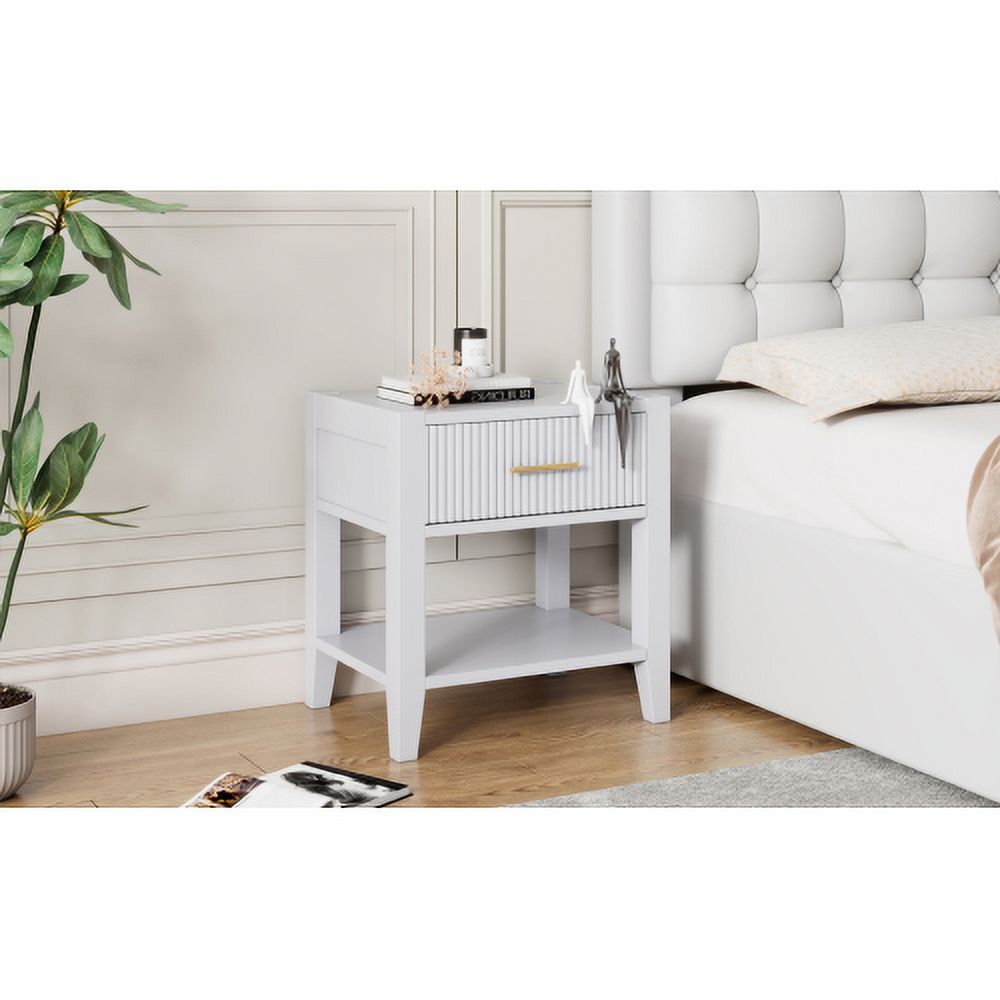 Wooden Nightstand with Gold Handle, Bedside Table with 1 Open Storage and 1 Drawer, End Table for Living Room, Bedroom, White