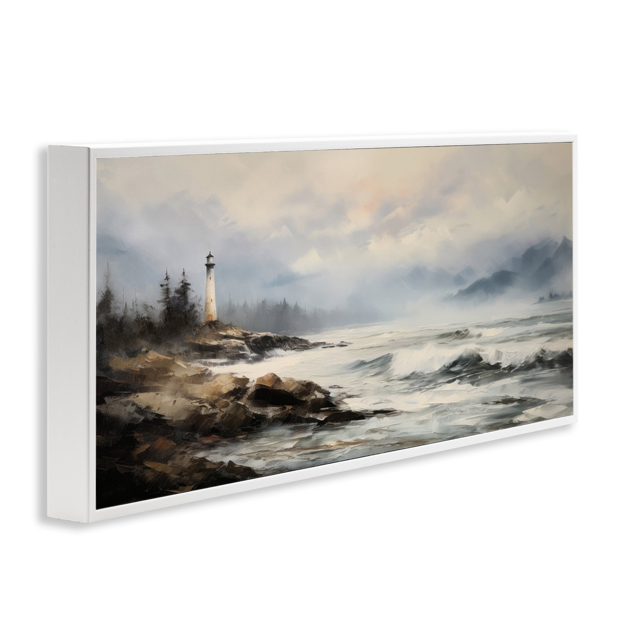 Stupell Industries Coastal Lighthouse Waves Coastal Painting White Framed Art Print Wall Art, 30 x 13