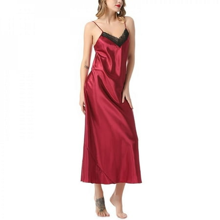 

Clearance!Satin Long Nightgowns for Women Silk Lace Chemise Sleepshirt Cami Sleeveless Full Slip Nightdress