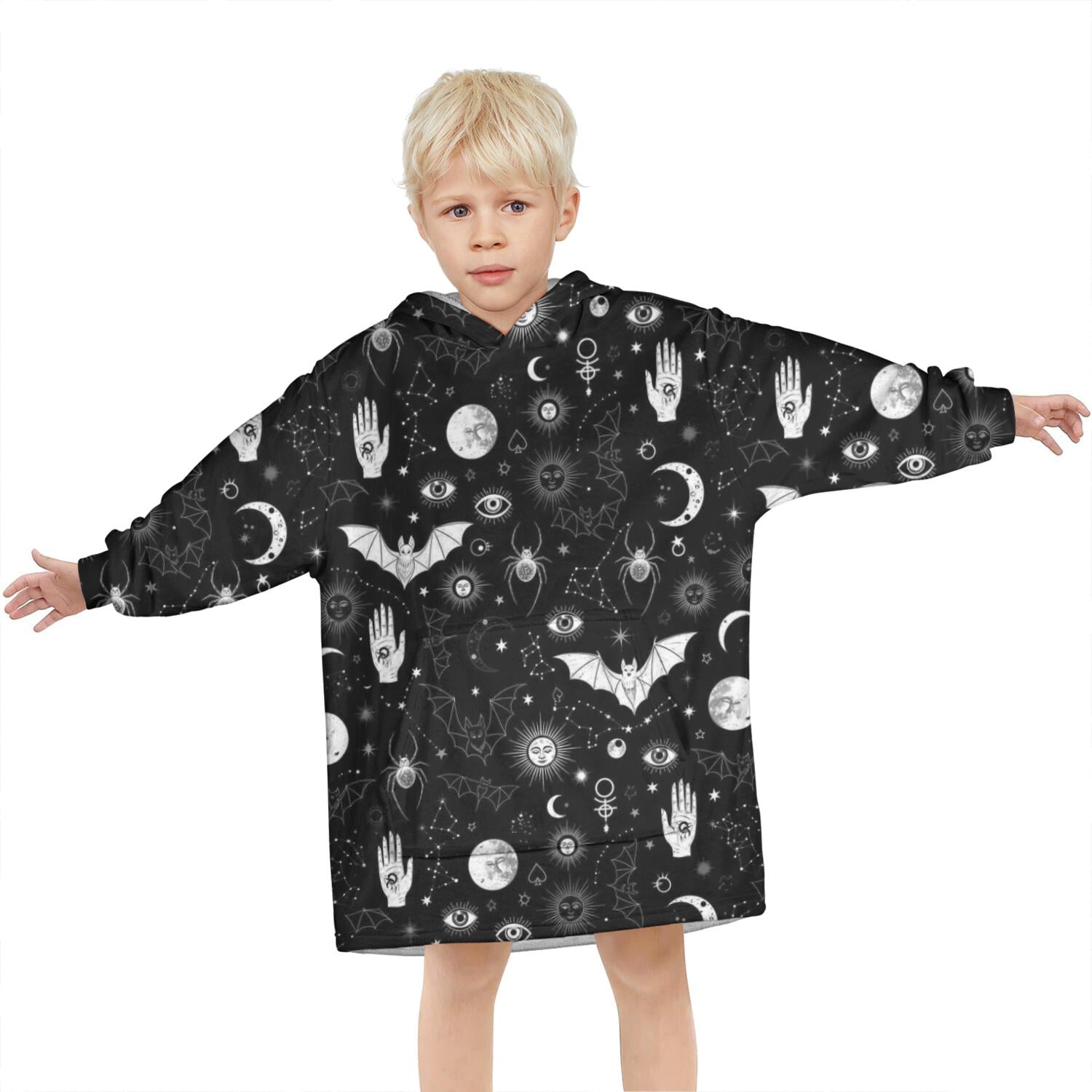 Black White Gothic Hand Bat Eye Pattern Blanket Hoodies for Kids 6-13YR Oversize Wearable Blanket Hoodies for Boys Girls Teens