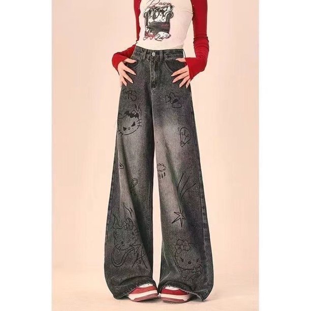 Pantalones vaqueros de pierna ancha con grafiti de dibujos animados de Hello Kitty de Sanrio para mujer, nuevos pantalones holgados de cintura alta, pantalones estilo americano retro