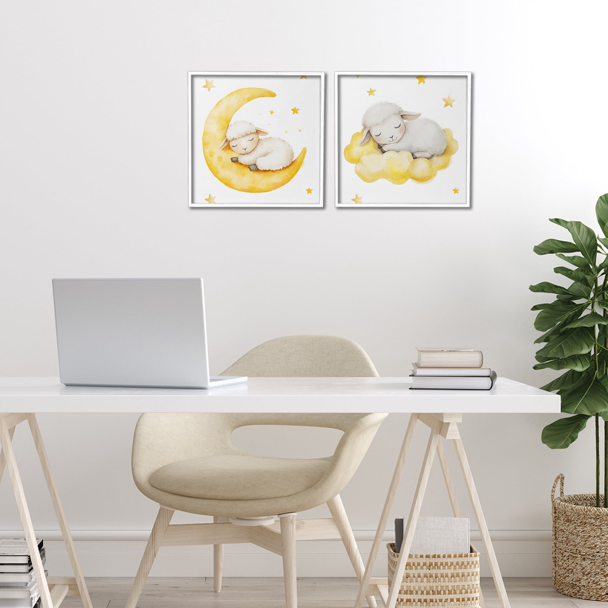 Stupell Industries Sleeping Sheep Cloud and Moon 2 Piece White Framed Giclee Art Set, design by LSR Design Studio