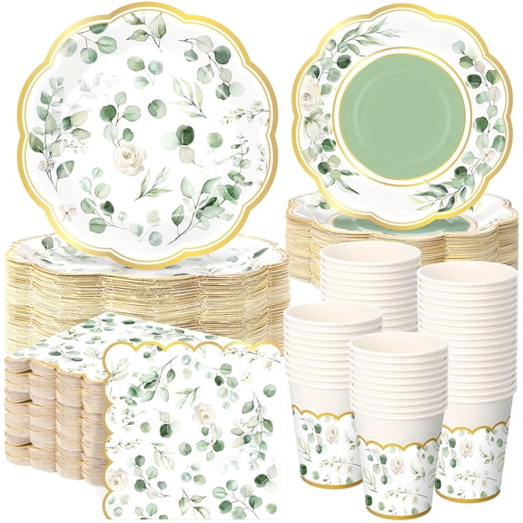 250pcs Sage Green Party Decorations Eucalyptus Plates Cups And Napkins Paper Party Tableware Set for Bridal Shower Boho Birthday Jungle Spring Party Decorations, Serves 50 Party Favors Party Packs