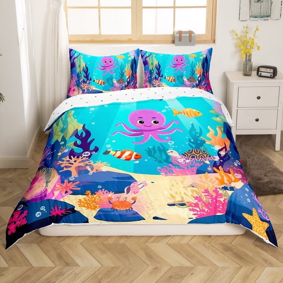 Erosebridal Animal Octopus Comforter Cover Twin,Marine Wildlife Bedding Twin Size,Ocean Theme Decor,Reversible,2-Piece(No Comforter)