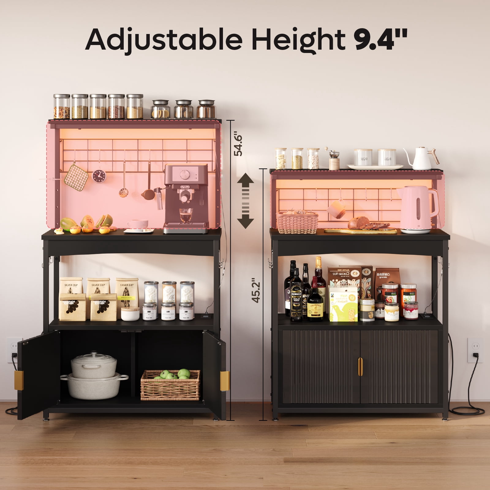Bestier Bakers Rack with Power Outlet, Height-Adjustable 45" to 55" Kitchen Microwave Stand with Sstorage Cabinet, Coffee Bar Cabinet with LED Light, Kitchen Stand with 10 S-Hooks (Black)