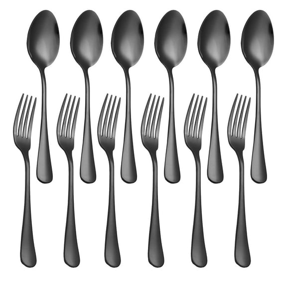 12-Piece Stainless Steel Cutlery Set, 6 Forks and 6 Spoons, Heavy-Duty 8-Inch Dinner Forks and 6.7-Inch Spoons, Mirror Polished Silverware for Home Restaurant Party (Black)