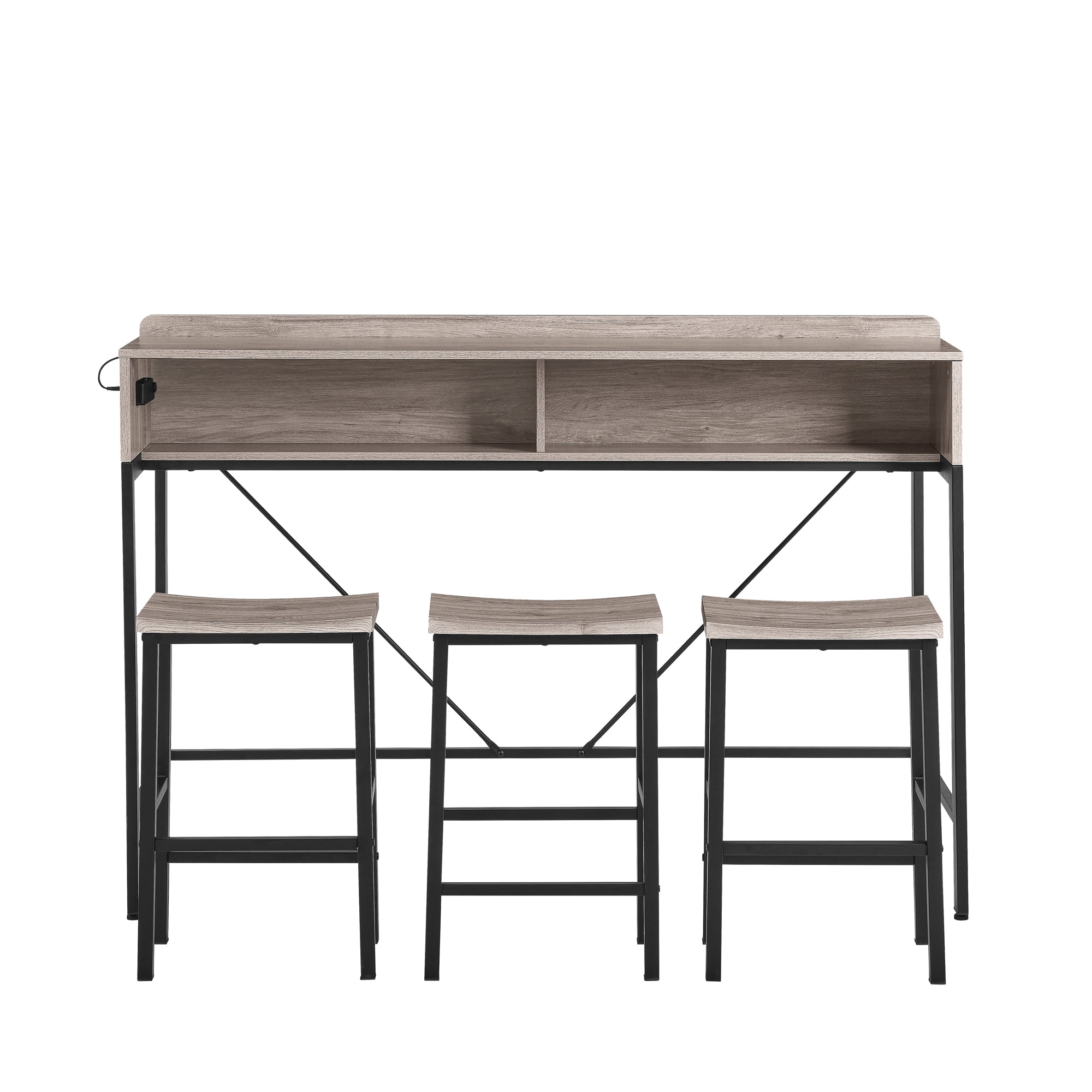HOQBN Bar Table Set,59 inch Bar Table with Power Socket and LED Light,4-piece Bar Table and 3 Saddle Stools Set for Living Room, Dining Room and Kitchen,Gray