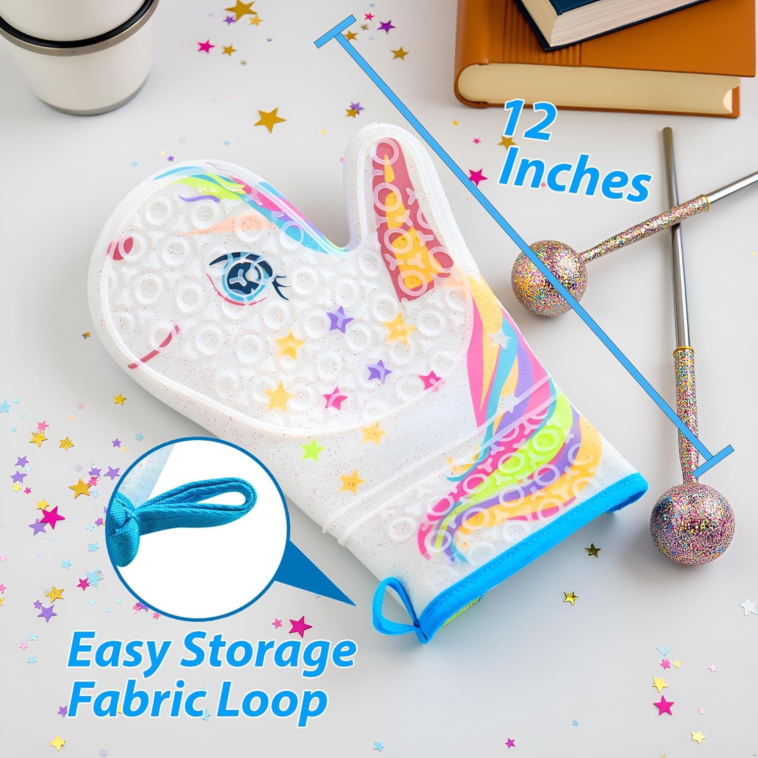 Glitter Magic Unicorn Silicone Oven Mitt - Funny Oven Mitts - Heat Resistant Kitchen Glove, Soft Silicone, Quilted Fabric Lining