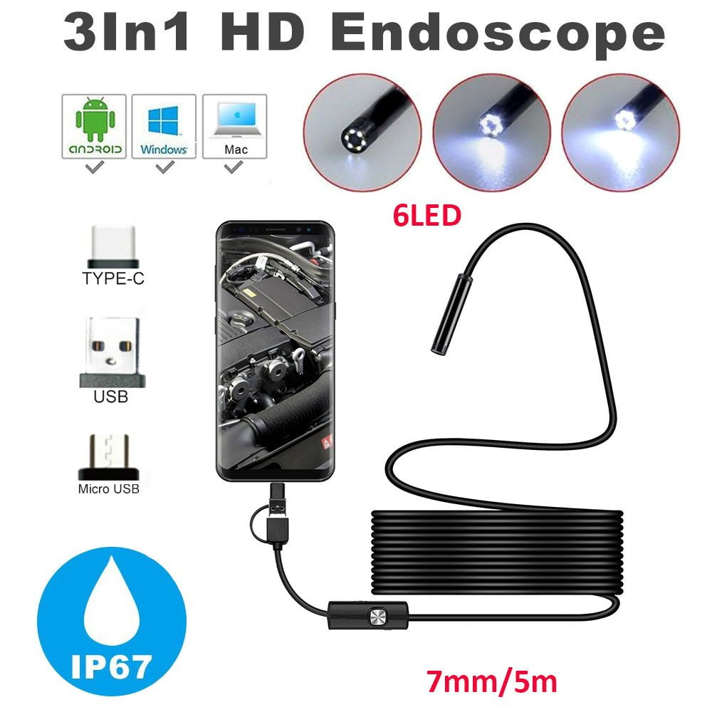6.5ft Endoscope 7MM Snake Borescope 6 LED Car Inspection Camera Scope USB Type C 