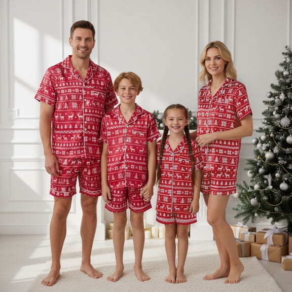 AIGUR Christmas Pajamas for Family Family Christmas Matching Pajamas Sets Fashionable Printed Short Sleeve Tops with Shorts 2Pcs Family Sleepwear
