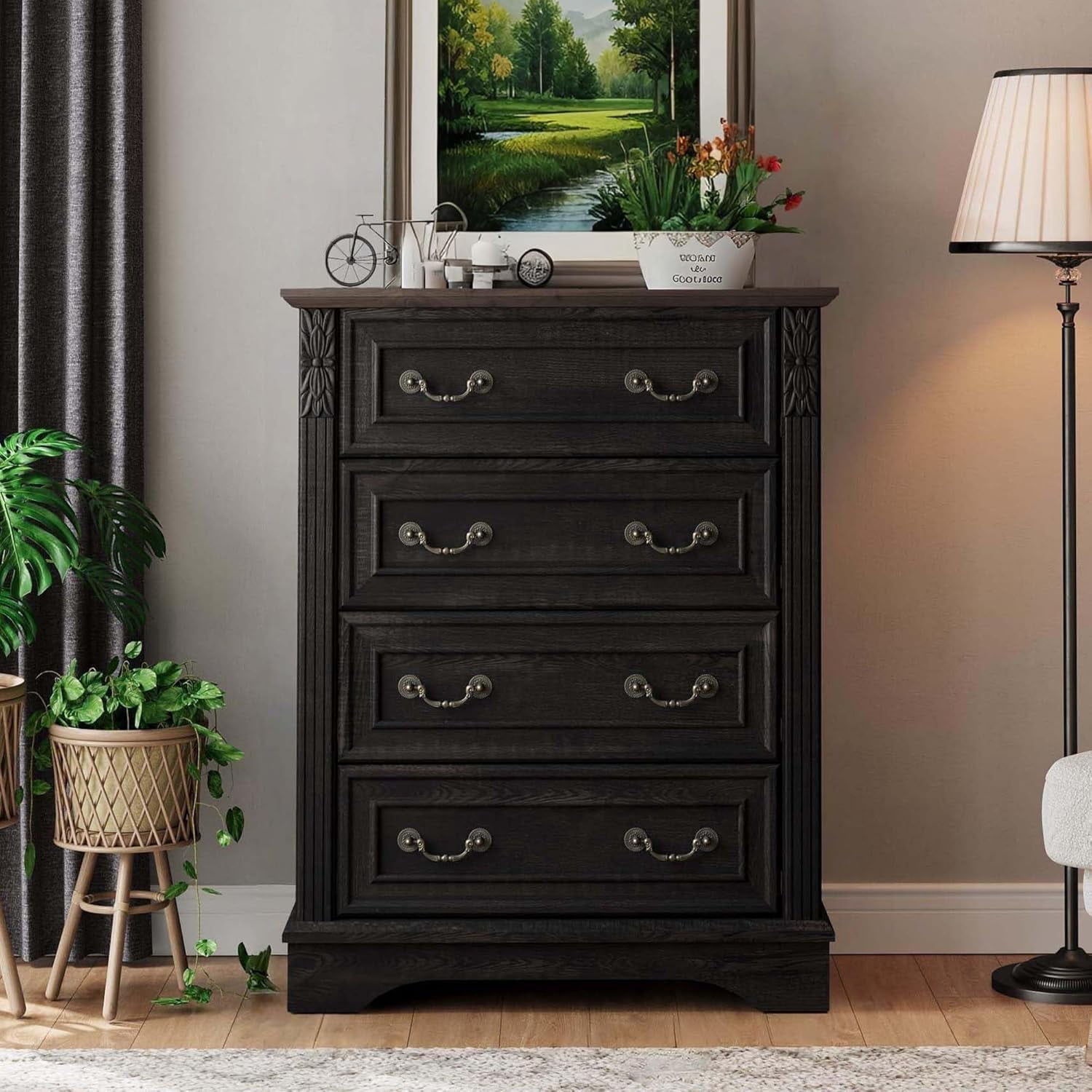 BOSHIRO 4-Drawer Dresser for Bedroom, Farmhouse Carved Storage Chest Organizer with Brown Top, Black Finish