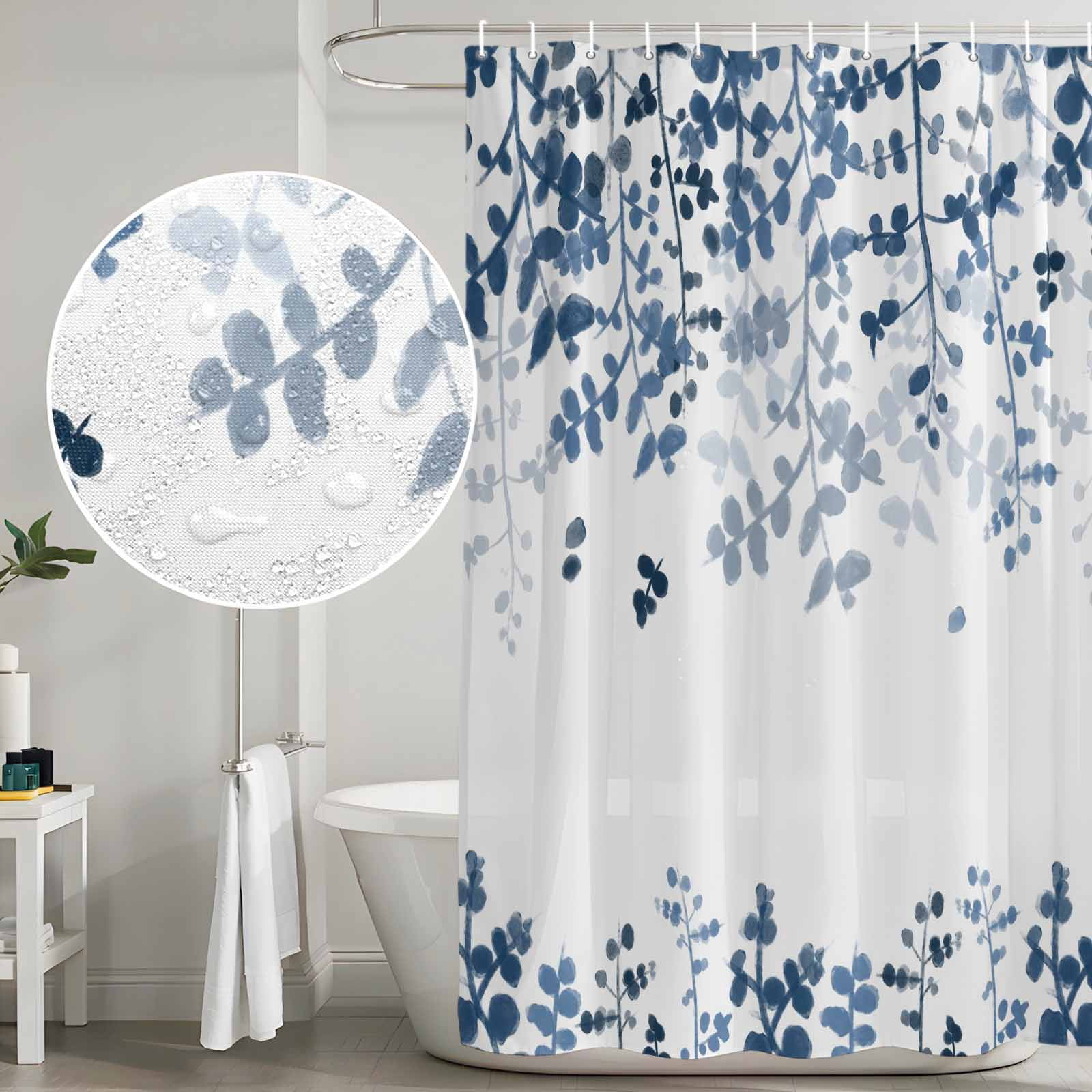 Blue Leaves Shower Curtain, Waterproof Shower Curtains for Bathroom, Summer Botanical Washable Fabric Bathtub Curtain Set Bath Decor with 12 Hooks Long 72"x84"