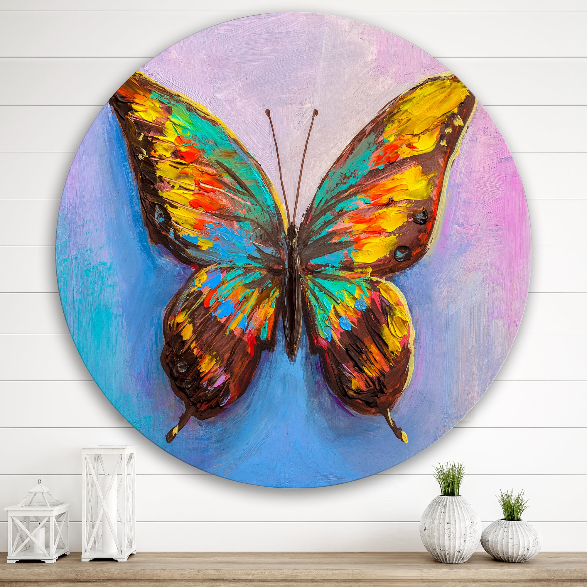 Designart 'Beautiful Butterfly In Orange and Turquoise' Modern Circle Metal Wall Art 36x36 - Disc of 36