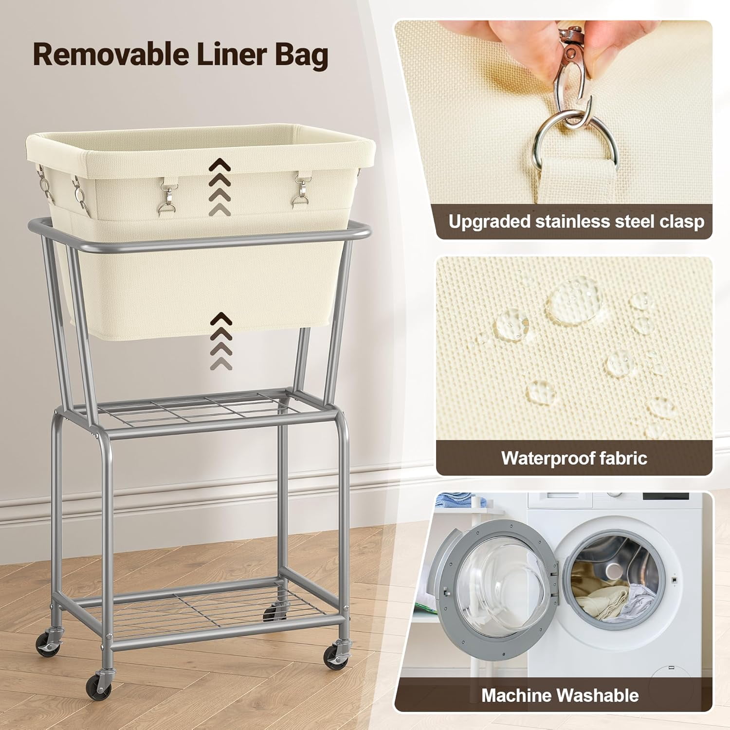 Rolling Laundry Hamper with Wheels, Laundry Cart with Removable Bag, Heavy Duty Metal Frame, 2-Tier Clothes Basket Hamper with Shelf for Closet, Bedroom, Bathroom, Laundry Room, Cream