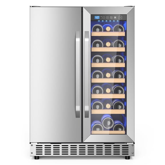 AVAHUM 24 Inch 21-Bottle & 88-Can Hybrid Door Dual Zone Wine and Beverage Refrigerator, Under Counter Built-In Cooler, Curved Handle