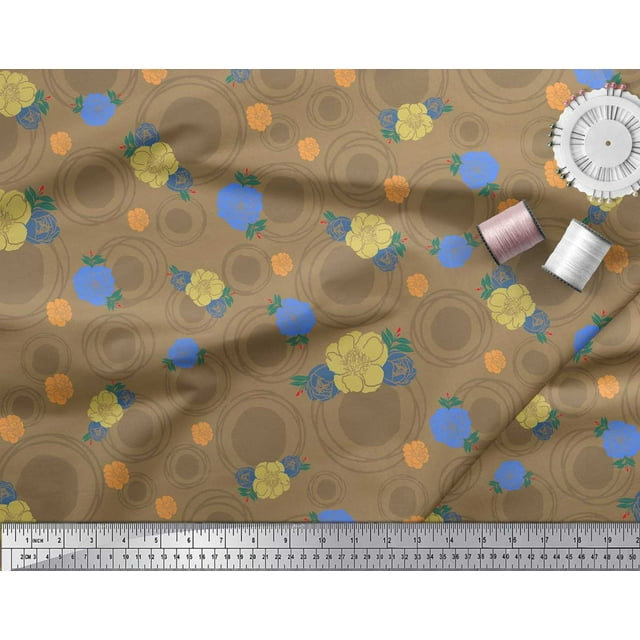 Soimoi Brown polyester Crepe Fabric Circle,Leaves & Floral Hand Drawn Print Fabric by Yard 42 Inch Wide